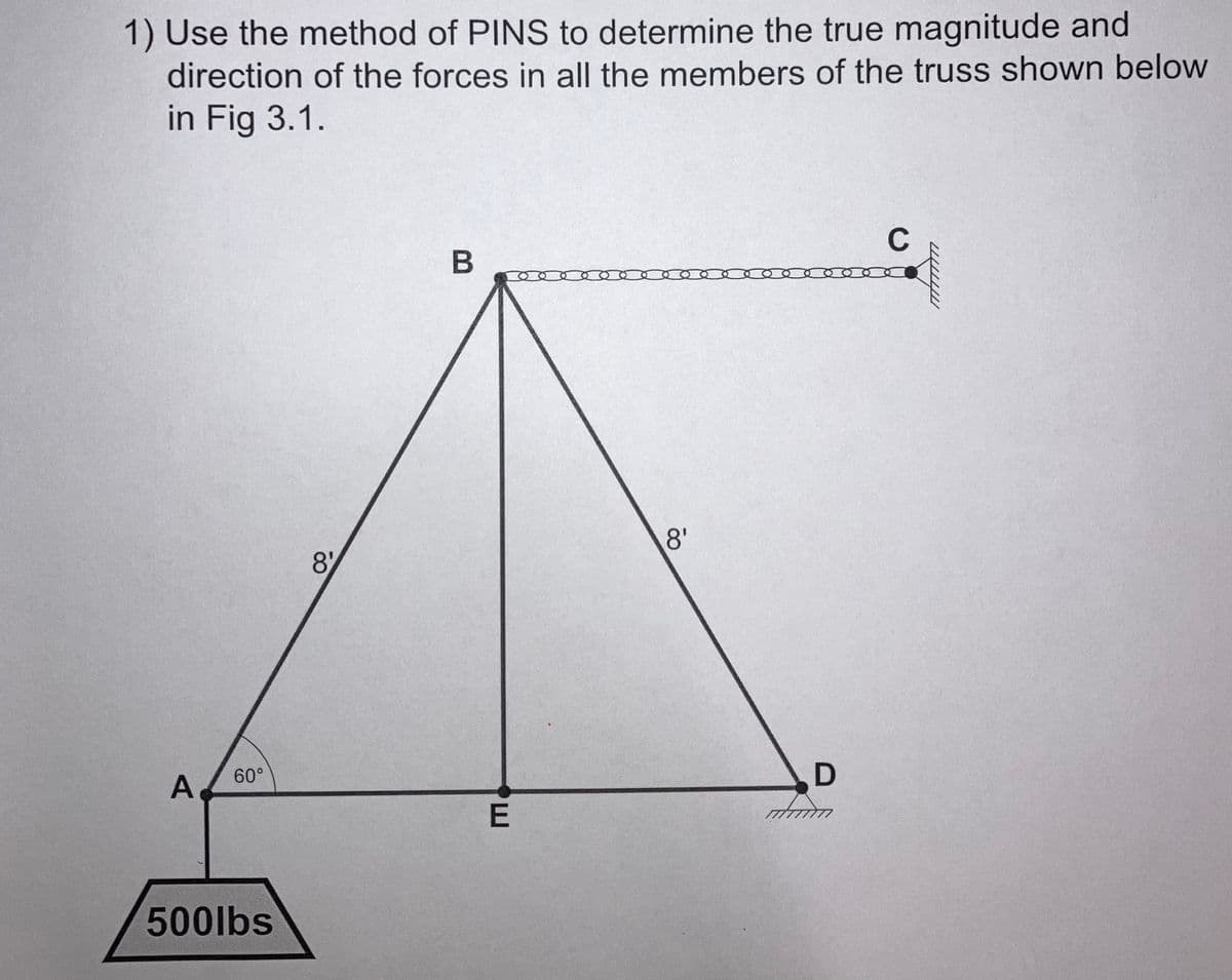 1) Use the method of PINS to determine the true magnitude and
direction of the forces in all the members of the truss shown below
in Fig 3.1.
A
60°
500lbs
8'
B
E
8'
D
C
wwww