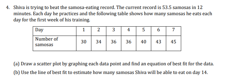 4. Shiva is trying to beat the samosa-eating record. The current record is 53.5 samosas in 12
minutes. Each day he practices and the following table shows how many samosas he eats each
day for the first week of his training.
Day
1
Number of
samosas
30
2
3
5
34 36 36 40
4
6
43
7
45
(a) Draw a scatter plot by graphing each data point and find an equation of best fit for the data.
(b) Use the line of best fit to estimate how many samosas Shiva will be able to eat on day 14.