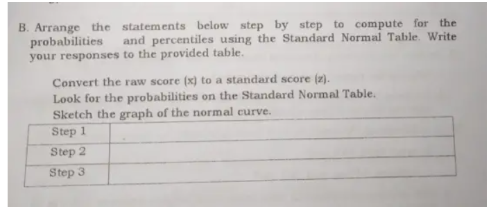 B. Arrange the statements below step by step to compute for the
probabilities
your responses to the provided table.
and percentiles using the Standard Normal Table. Write
Convert the raw score (x) to a standard score (z).
Look for the probabilities on the Standard Normal Table.
Sketch the graph of the normal curve.
Step 1
Step 2
Step 3
