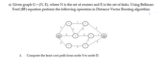 d) Given graph G = (N, E), where N is the set of routers and E is the set of links. Using Bellman-
Ford (BF) equation perform the following operation in Distance Vector Routing algorithm:
i.
Compute the least cost path from node S to node D.