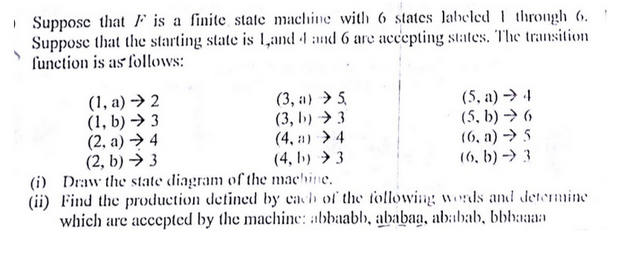 Suppose that F is a finite state machine with 6 states labeled 1 through 6.
Suppose that the starting state is Land 4 and 6 are accepting states. The transition.
function is as follows:
(3, a) > 5
3
(1, a) → 2
(1, b)→ 3
(2. a) → 4
(2, b) → 3
(4, b)
(i) Draw the state diagram of the machine.
(ii) Find the production defined by each of the following words and determine
which are accepted by the machine: abbaabb, ababaa, ababab, bbbaaaa
(3, b)
(4, a)
(5, a) 4
(5.b)→ 6
(6. a) →→ 5
(6.b) -> 3
4
3
