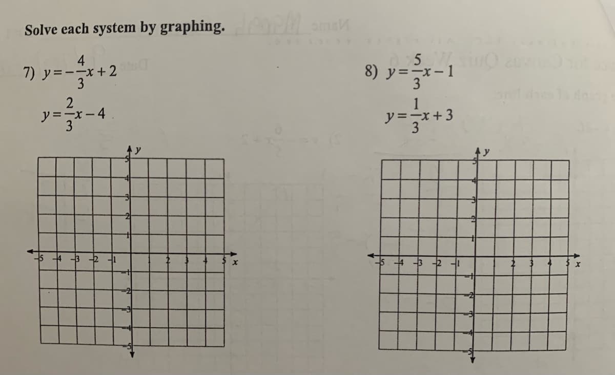 Solve each system by graphing.
5
8) y=-x-1
4
7) y=--x+2
3
X-4
y =-x+3
5 4 3 -2
