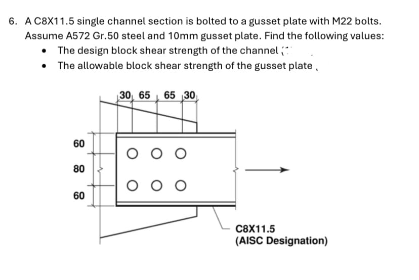 6. A C8X11.5 single channel section is bolted to a gusset plate with M22 bolts.
Assume A572 Gr.50 steel and 10mm gusset plate. Find the following values:
The design block shear strength of the channel (7
The allowable block shear strength of the gusset plate,
30, 65 , 65 ,30
60
80
ооо
60
C8X11.5
(AISC Designation)
