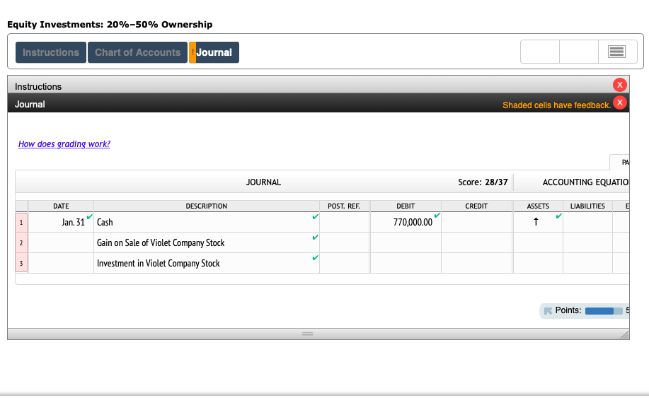 Equity Investments: 20%-50% Ownership
Instructions Chart of Accounts Journal
Instructions
Journal
Shaded cells have feedback.
How does grading work?
PA
JOURNAL
Score: 28/37
ACCOUNTING EQUATIO
DATE
DESCRIPTION
POST. REF.
DEBIT
CREDIT
ASSETS
LIABILITIES
Jan. 31 Cash
770,000.00
1
2
Gain on Sale of Violet Company Stock
Investment in Violet Company Stock
3
Points:
