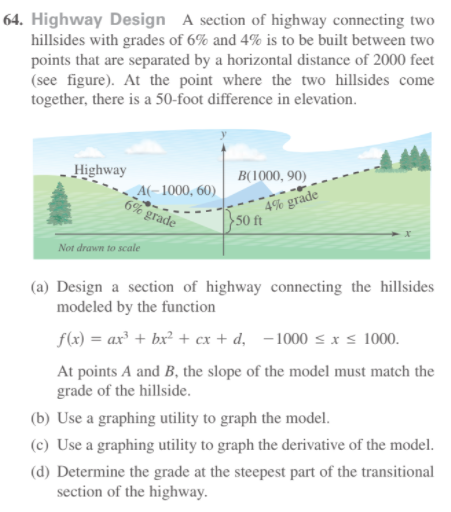 64. Highway Design A section of highway connecting two
hillsides with grades of 6% and 4% is to be built between two
points that are separated by a horizontal distance of 2000 feet
(see figure). At the point where the two hillsides come
together, there is a 50-foot difference in elevation.
Highway
B(1000, 90)
A(-1000, 60)
6% grade
4% grade
50 ft
Not drawn to scale
(a) Design a section of highway connecting the hillsides
modeled by the function
f(x) = ax³ + bx² + cx + d, -1000 s xs 1000.
At points A and B, the slope of the model must match the
grade of the hillside.
(b) Use a graphing utility to graph the model.
(c) Use a graphing utility to graph the derivative of the model.
(d) Determine the grade at the steepest part of the transitional
section of the highway.
