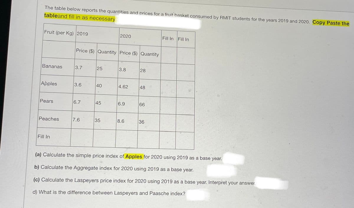 The table below reports the quantities and prices for a fruit basket consumed by RMIT students for the years 2019 and 2020. Copy Paste the
tableand fill in as necessary. S
Fruit (per Kg) 2019
2020
Fill In Fill In
Price ($) Quantity Price ($) Quantity
Bananas
3.7
25
3.8
28
Apples
3.6
40
4.62
48
Pears
6.7
45
6.9
66
Peaches
7.6
35
8.6
36
Fill In
(a) Calculate the simple price index of Apples for 2020 using 2019 as a base year.
b) Calculate the Aggregate index for 2020 using 2019 as a base year.
(c) Calculate the Laspeyers price index for 2020 using 2019 as a base year. Interpret your answer.
d) What is the difference between Laspeyers and Paasche index?
