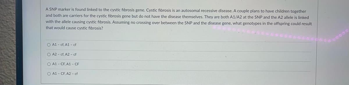 A SNP marker is found linked to the cystic fibrosis gene. Cystic fibrosis is an autosomal recessive disease. A couple plans to have children together
and both are carriers for the cystic fibrosis gene but do not have the disease themselves. They are both A1/A2 at the SNP and the A2 allele is linked
with the allele causing cystic fibrosis. Assuming no crossing over between the SNP and the disease gene, what genotypes in the offspring could result
that would cause cystic fibrosis?
O A1-cf, A1 - cf
O A2-cf, A2 - cf
O A1 - CF, A1 - CF
O A1 - CF, A2 - cf