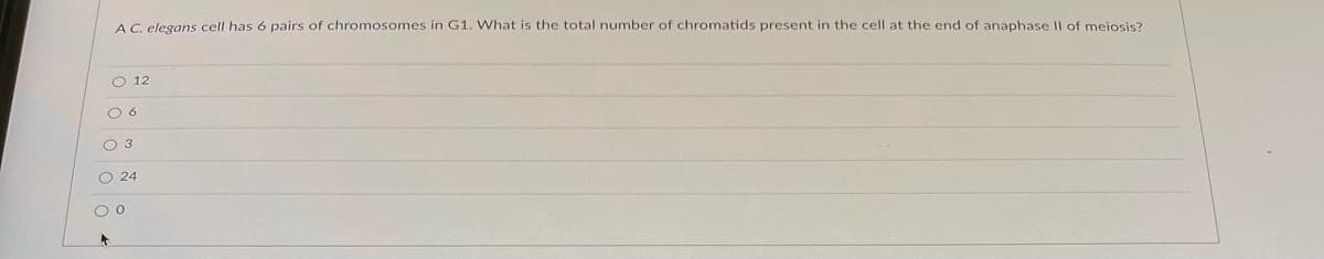 AC elegans cell has 6 pairs of chromosomes in G1. What is the total number of chromatids present in the cell at the end of anaphase Il of meiosis?
O 12
O 3
O 24
O o o 0

