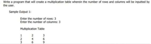 Write a program that will create a multiplication table wherein the number of rows and columns will be inputted by
the user.
Sample Output 1:
Enter the number of rows: 3
Enter the number of columns: 3
Multiplication Table
369
246
123
