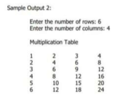 Sample Output 2:
Enter the number of columns: 4
Multiplication Table
2
3
6
9.
12
15
18
2
8.
12
4
6
16
20
24
10
12
