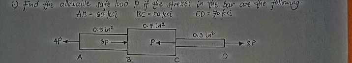 1) Find the allowable safe loadpf the stressec in the ban are fhe following
BC - so ksi
ABE GO feri
CD = 70 ksi
0.4 in2
0.5 n2
0.3 n?
op -
P4
A
13
