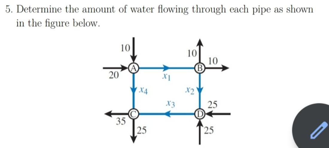5. Determine the amount of water flowing through each pipe as shown
in the figure below.
10
10
10
(B
20
X4
X2
X3
25
25
25
3.
