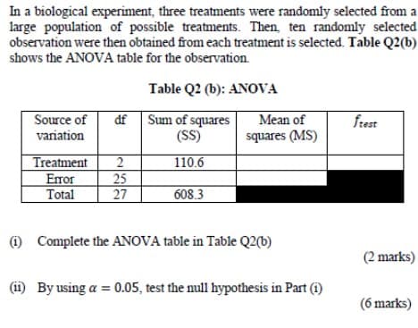 In a biological experiment, three treatments were randomly selected from a
large population of possible treatments. Then, ten randomly selected
observation were then obtained from each treatment is selected. Table Q2(b)
shows the ANOVA table for the observation.
Table Q2 (b): ANOVA
Source of df
Sum of squares
ftest
Mean of
squares (MS)
variation
(SS)
Treatment 2
110.6
Error
25
Total
27
608.3
(1) Complete the ANOVA table in Table Q2(b)
(ii) By using a = 0.05, test the null hypothesis in Part (1)
(2 marks)
(6 marks)