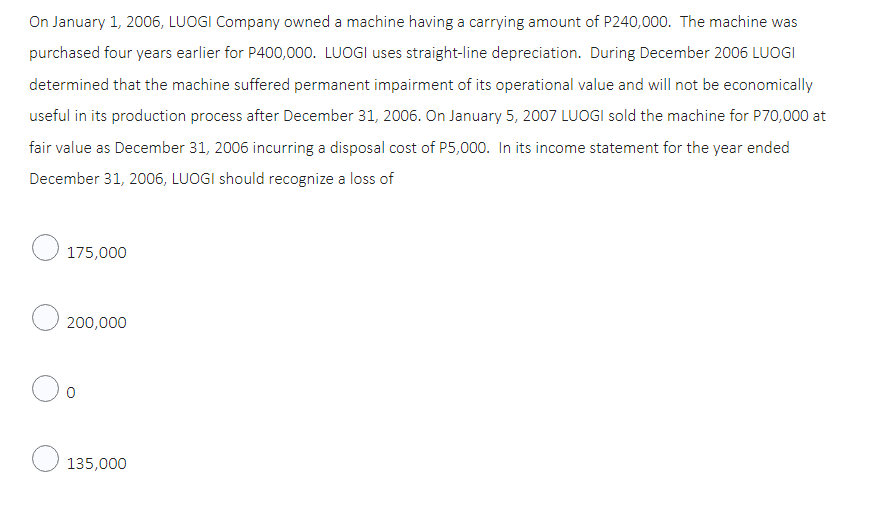 On January 1, 2006, LUOGI Company owned a machine having a carrying amount of P240,000. The machine was
purchased four years earlier for P400,000. LUOGI uses straight-line depreciation. During December 2006 LUOGI
determined that the machine suffered permanent impairment of its operational value and will not be economically
useful in its production process after December 31, 2006. On January 5, 2007 LUOGI sold the machine for P70,000 at
fair value as December 31, 2006 incurring a disposal cost of P5,000. In its income statement for the year ended
December 31, 2006, LUOGI should recognize a loss of
175,000
200,000
0
135,000