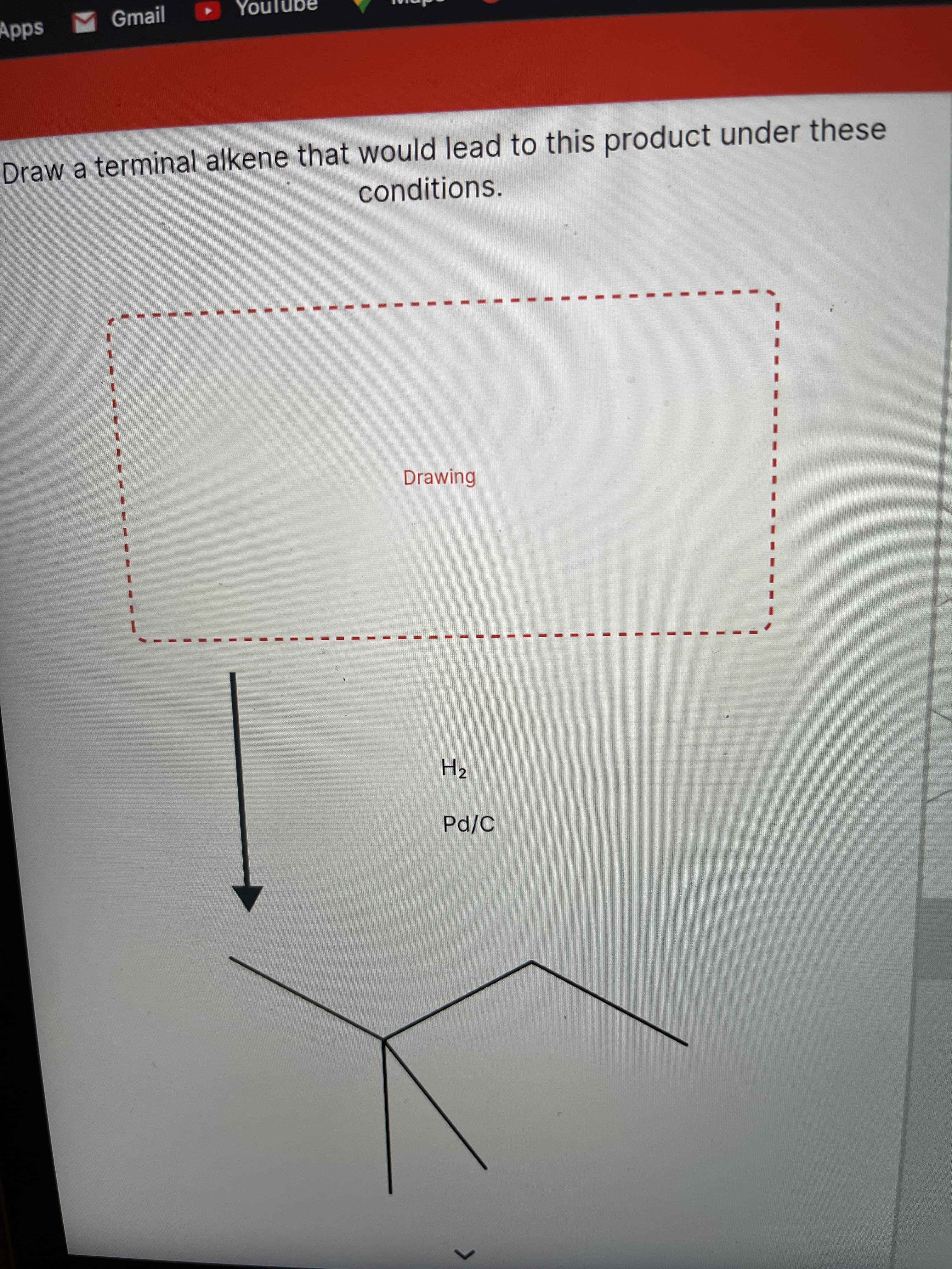 3D
Gmail
Apps
Draw a terminal alkene that would lead to this product under these
conditions.
Drawing
H2
Pd/C
