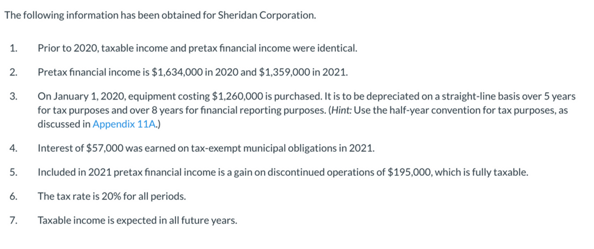 The following information has been obtained for Sheridan Corporation.
1.
Prior to 2020, taxable income and pretax financial income were identical.
2.
Pretax fınancial income is $1,634,000 in 2020 and $1,359,000 in 2021.
On January 1, 2020, equipment costing $1,260,000 is purchased. It is to be depreciated on a straight-line basis over 5 years
for tax purposes and over 8 years for financial reporting purposes. (Hint: Use the half-year convention for tax purposes, as
discussed in Appendix 11A.)
3.
Interest of $57,000 was earned on tax-exempt municipal obligations in 2021.
Included in 2021 pretax financial income is a gain on discontinued operations of $195,000, which is fully taxable.
6.
The tax rate is 20% for all periods.
7.
Taxable income is expected in all future years.
4.
5.
