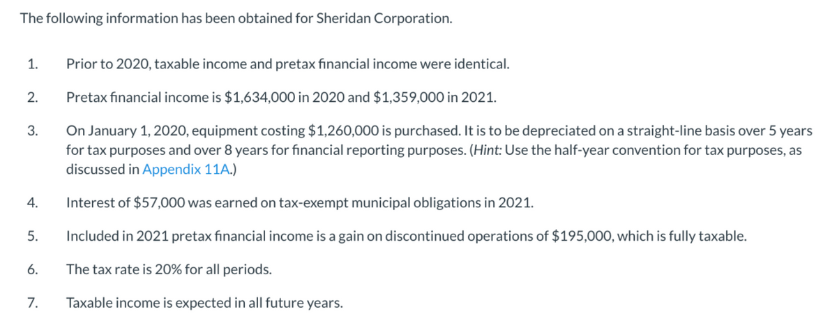 The following information has been obtained for Sheridan Corporation.
1.
Prior to 2020, taxable income and pretax financial income were identical.
2.
Pretax financial income is $1,634,000 in 2020 and $1,359,000 in 2021.
On January 1, 2020, equipment costing $1,260,000 is purchased. It is to be depreciated on a straight-line basis over 5 years
for tax purposes and over 8 years for financial reporting purposes. (Hint: Use the half-year convention for tax purposes, as
discussed in Appendix 11A.)
3.
4.
Interest of $57,000 was earned on tax-exempt municipal obligations in 2021.
5.
Included in 2021 pretax financial income is a gain on discontinued operations of $195,000, which is fully taxable.
6.
The tax rate is 20% for all periods.
7.
Taxable income is expected in all future years.
