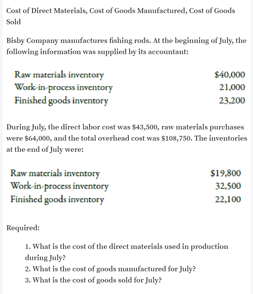 Cost of Direct Materials, Cost of Goods Manufactured, Cost of Goods
Sold
Bisby Company manufactures fishing rods. At the beginning of July, the
following information was supplied by its accountant:
Raw materials inventory
Work-in-process inventory
Finished goods inventory
$40,000
21,000
23,200
During July, the direct labor cost was $43,500, raw materials purchases
were $64,000, and the total overhead cost was $108,750. The inventories
at the end of July were:
Raw materials inventory
Work-in-process inventory
Finished goods inventory
$19,800
32,500
22,100
Required:
1. What is the cost of the direct materials used in production
during July?
2. What is the cost of goods manufactured for July?
3. What is the cost of goods sold for July?

