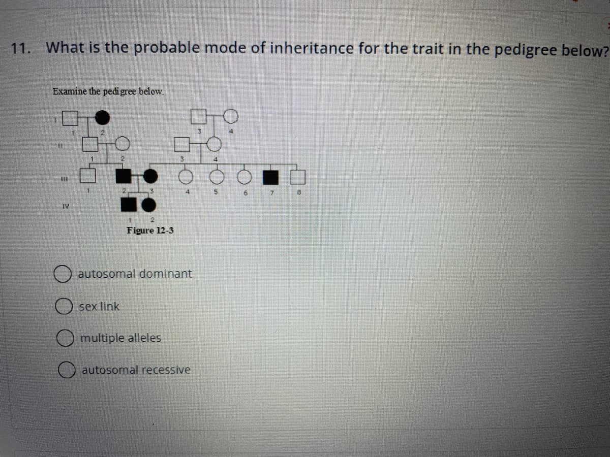 11. What is the probable mode of inheritance for the trait in the pedigree below?
Examine the pedigree below.
IM
PTO
2
Figure 12-3
sex link
autosomal dominant
HO
multiple alleles
autosomal recessive