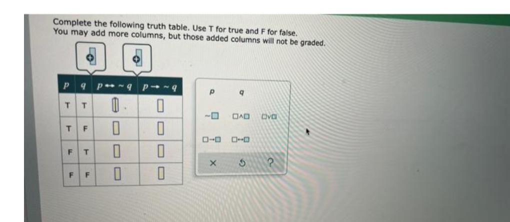 Complete the following truth table. Use T for true and F for false.
You may add more columns, but those added columns will not be graded.
DAD
F
O-0
T.
F
