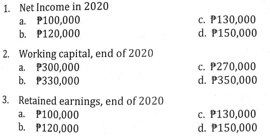 1. Net Income in 2020
a. P100,000
b. P120,000
c. P130,000
d. P150,000
2. Working capital, end of 2020
a. P300,000
b. P330,000
c. P270,000
d. P350,000
3. Retained earnings, end of 2020
a. P100,000
b. P120,000
c. P130,000
d. P150,000
