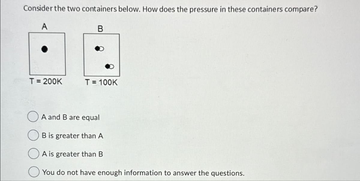 Consider the two containers below. How does the pressure in these containers compare?
A
B
T = 200K
T= 100K
A and B are equal
B is greater than A
A is greater than B
You do not have enough information to answer the questions.