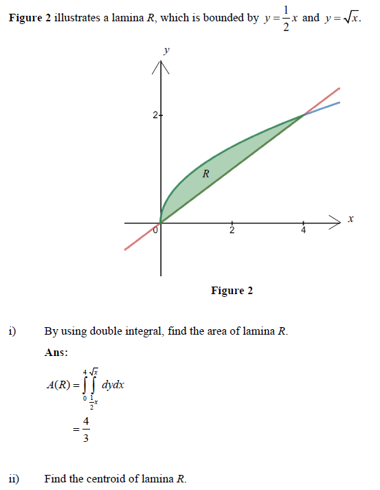 1
Figure 2 illustrates a lamina R, which is bounded by y=-x and y= Vx.
2
y
2-
R
Figure 2
i)
By using double integral, find the area of lamina R.
Ans:
A(R) = || dydx
3
i1)
Find the centroid of lamina R.
