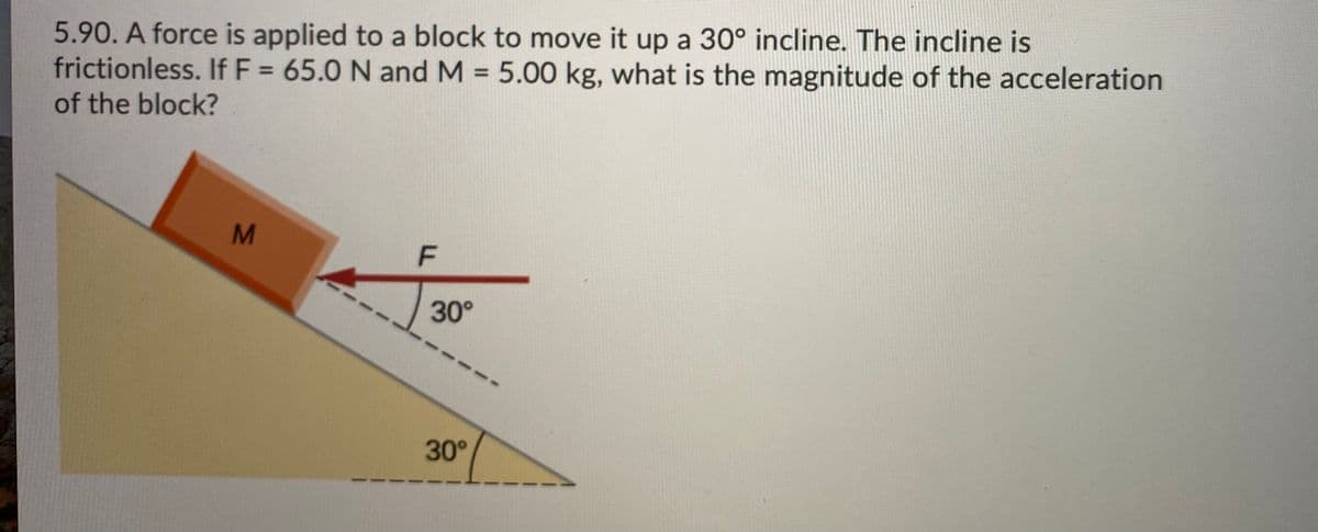 5.90. A force is applied to a block to move it up a 30° incline. The incline is
frictionless. If F = 65.0 N and M = 5.00 kg, what is the magnitude of the acceleration
%3D
%3D
of the block?
F
30°
30°
IM
