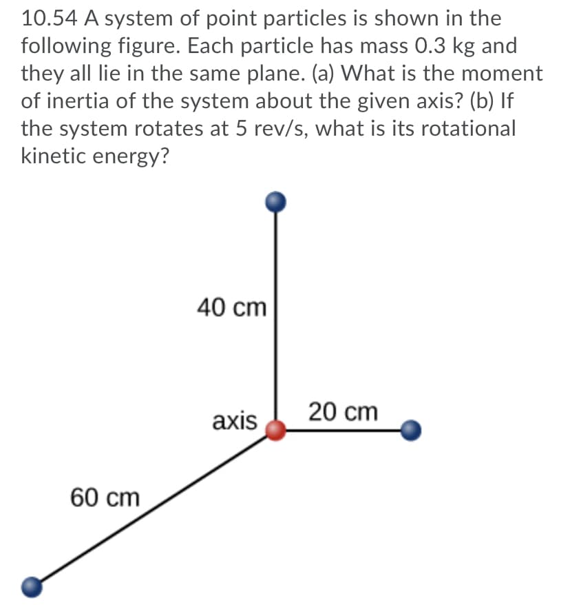 10.54 A system of point particles is shown in the
following figure. Each particle has mass 0.3 kg and
they all lie in the same plane. (a) What is the moment
of inertia of the system about the given axis? (b) If
the system rotates at 5 rev/s, what is its rotational
kinetic energy?
40 cm
axis
20 cm
60 cm
