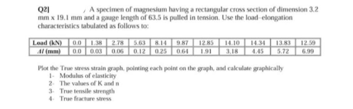 A specimen of magnesium having a rectangular cross section of dimension 3.2
Q21
mm x 19.1 mm and a gauge length of 63.5 is pulled in tension. Use the load-elongation
characteristics tabulated as follows to:
2.78
0.0 0.03 0.06
9.87
0.25 0.64
14.10
14.34
3.18
4.45
5.72
Load (kN)
0.0
1.38
5.63
8.14
12.85
13.83
12.59
Al (mm)
0.12
1.91
6.99
Plot the True stress strain graph, pointing each point on the graph, and calculate graphically
1- Modulus of elasticity
2 The values of K and n
3 True tensile strength
4- True fracture stress
