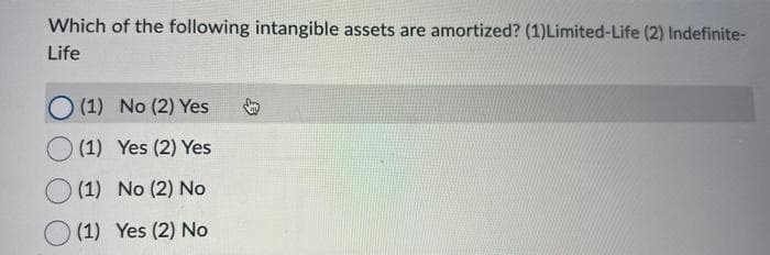 Which of the following intangible assets are amortized? (1) Limited-Life (2) Indefinite-
Life
(1) No (2) Yes
(1) Yes (2) Yes
(1) No (2) No
(1) Yes (2) No