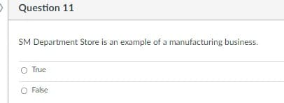 Question 11
SM Department Store is an example of a manufacturing business.
O True
O False
