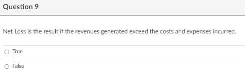 Question 9
Net Loss is the result if the revenues generated exceed the costs and expenses incurred.
O True
O False
