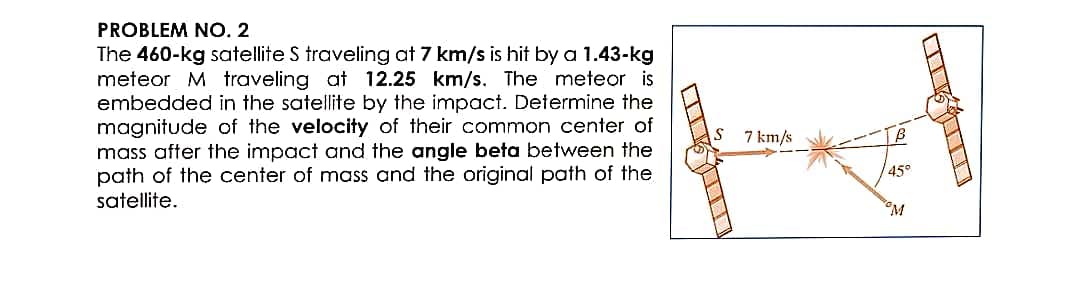 PROBLEM NO. 2
The 460-kg satellite S traveling at 7 km/s is hit by a 1.43-kg
meteor M traveling at 12.25 km/s. The meteor is
embedded in the satellite by the impact. Determine the
magnitude of the velocity of their common center of
mass after the impact and the angle beta between the
path of the center of mass and the original path of the
satellite.
S
7 km/s
B
45°
M
O