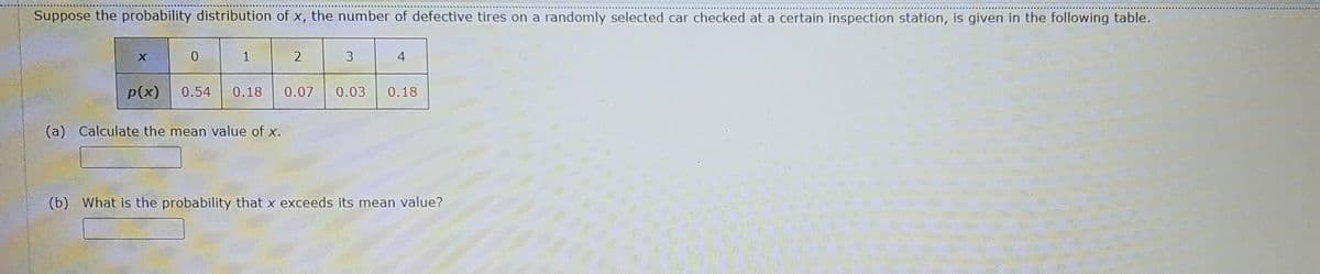 Suppose the probability distribution of x, the number of defective tires on a randomly selected car checked at a certain inspection station, is given in the following table.
1
4
p(x)
0.54
0.18
0.07
0.03
0.18
(a) Calculate the mean value of x.
(b) What is the probability that x exceeds its mean value?
