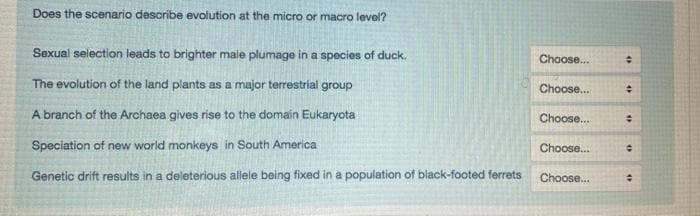 Does the scenario describe evolution at the micro or macro level?
Sexual selection leads to brighter male plumage in a species of duck.
Choose.
The evolution of the land plants as a major terrestrial group
Choose.
A branch of the Archaea gives rise to the domain Eukaryota
Choose..
Speciation of new world monkeys in South America
Choose..
Genetic drift results in a deleterious allele being fixed in a population of black-footed ferrets
Choose...
