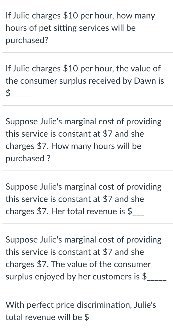 If Julie charges $10 per hour, how many
hours of pet sitting services will be
purchased?
If Julie charges $10 per hour, the value of
the consumer surplus received by Dawn is
$.
Suppose Julie's marginal cost of providing
this service is constant at $7 and she
charges $7. How many hours will be
purchased ?
Suppose Julie's marginal cost of providing
this service is constant at $7 and she
charges $7. Her total revenue is $___
Suppose Julie's marginal cost of providing
this service is constant at $7 and she
charges $7. The value of the consumer
surplus enjoyed by her customers is $
With perfect price discrimination, Julie's
total revenue will be $
