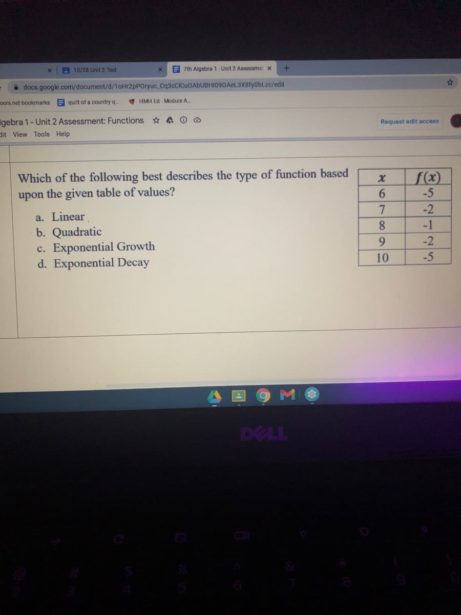 A 10/28 Unit 2 Test
E 7th Algebra 1-Unit 2 Assessme x
a docs.google.com/document/d/1oHr2pPOryuc_Cq3cClCuOAbUBHI090AeL.3X8fyObLzc/edit
ools.net bookmarks
B quilt of a country q
I HMH Ed - Module A..
Igebra 1- Unit 2 Assessment: Functions ☆ A O O
dit View Tools Help
Request edit access
Which of the following best describes the type of function based
upon the given table of values?
f(x)
6.
-5
-2
a. Linear
b. Quadratic
c. Exponential Growth
d. Exponential Decay
8.
-1
9.
-2
10
-5
DELL
