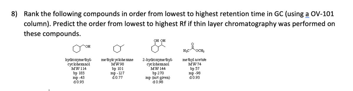 8) Rank the following compounds in order from lowest to highest retention time in GC (using a OV-101
column). Predict the order from lowest to highest Rf if thin layer chromatography was performed on
these compounds.
QH QH
HO.
HCOCH,
hydroxyme thyl-
cyclohexanol
MW114
bp 183
тp -43
d0.93
me thylc yclohe xane
MW98
2-hydroxyme thyl-
cyclohexanol
MW 144
bp 270
mp (not given)
d0.98
me thyl acetate
MW 74
bp 57
тp -98
d0.93
bp 101
тp - 127
d0.77
