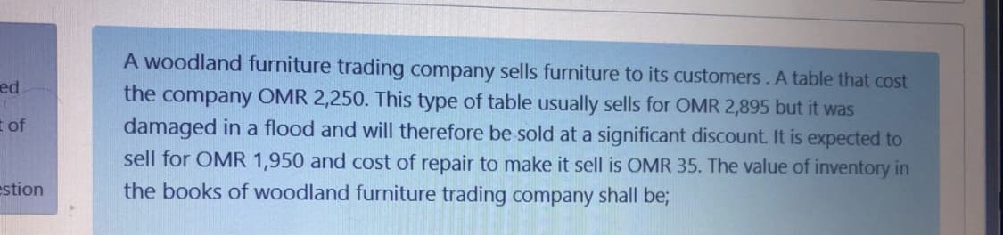 A woodland furniture trading company sells furniture to its customers. A table that cost
ed
the company OMR 2,250. This type of table usually sells for OMR 2,895 but it was
damaged in a flood and will therefore be sold at a significant discount. It is expected to
sell for OMR 1,950 and cost of repair to make it sell is OMR 35. The value of inventory in
the books of woodland furniture trading company shall be;
I of
estion
