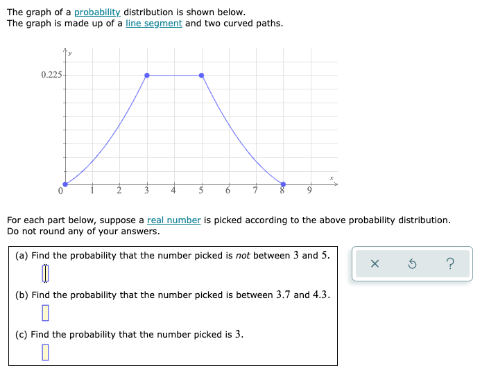 The graph of a probability distribution is shown below.
The graph is made up of a line segment and two curved paths.
0.225-
For each part below, suppose a real number is picked according to the above probability distribution.
Do not round any of your answers.
(a) Find the probability that the number picked is not between 3 and 5.
(b) Find the probability that the number picked is between 3.7 and 4.3.
(c) Find the probability that the number picked is 3.

