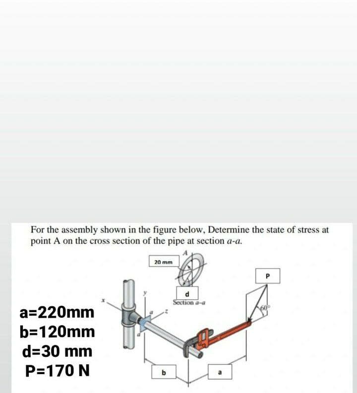 For the assembly shown in the figure below, Determine the state of stress at
point A on the cross section of the pipe at section a-a.
20 mm
P
d
Section a-a
a=220mm
b=120mm
d=30 mm
P=170 N
b
