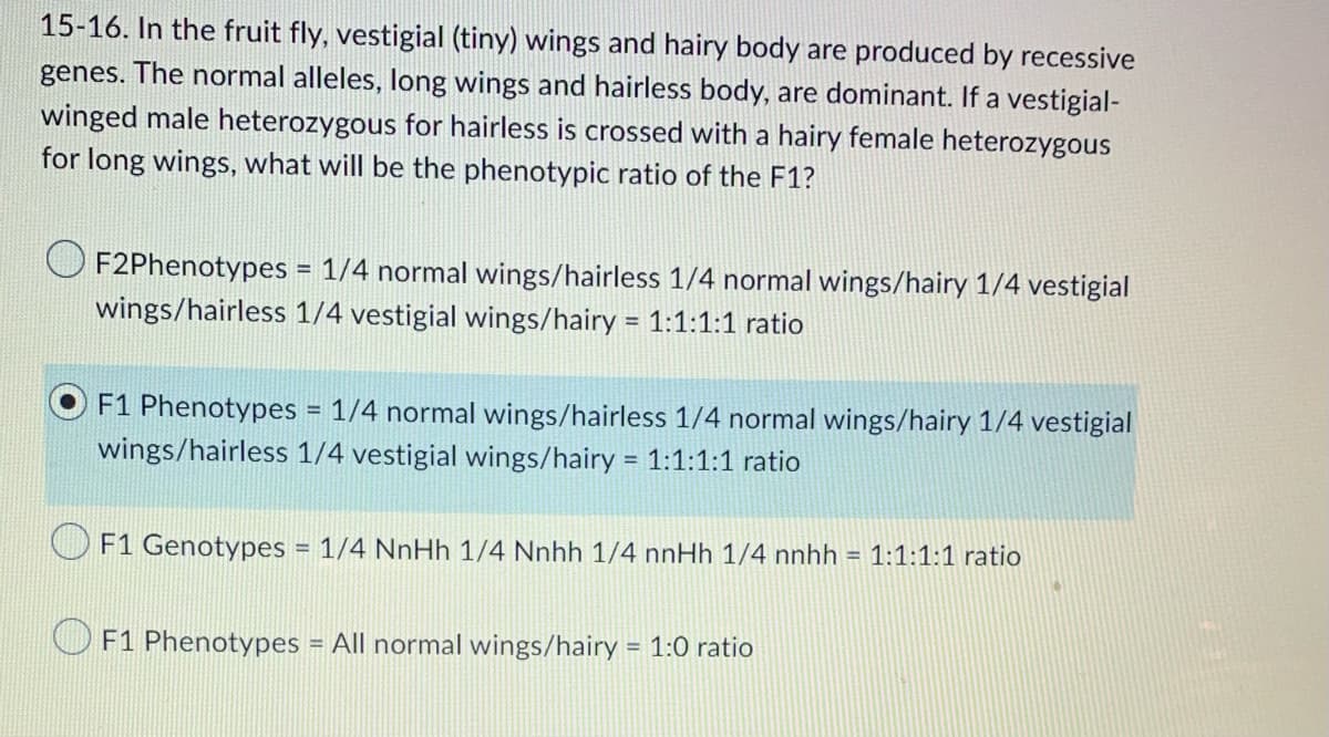 15-16. In the fruit fly, vestigial (tiny) wings and hairy body are produced by recessive
genes. The normal alleles, long wings and hairless body, are dominant. If a vestigial-
winged male heterozygous for hairless is crossed with a hairy female heterozygous
for long wings, what will be the phenotypic ratio of the F1?
F2Phenotypes = 1/4 normal wings/hairless 1/4 normal wings/hairy 1/4 vestigial
wings/hairless 1/4 vestigial wings/hairy = 1:1:1:1 ratio
F1 Phenotypes = 1/4 normal wings/hairless 1/4 normal wings/hairy 1/4 vestigial
wings/hairless 1/4 vestigial wings/hairy = 1:1:1:1 ratio
F1 Genotypes = 1/4 NnHh 1/4 Nnhh 1/4 nnHh 1/4 nnhh = 1:1:1:1 ratio
F1 Phenotypes = All normal wings/hairy = 1:0 ratio
