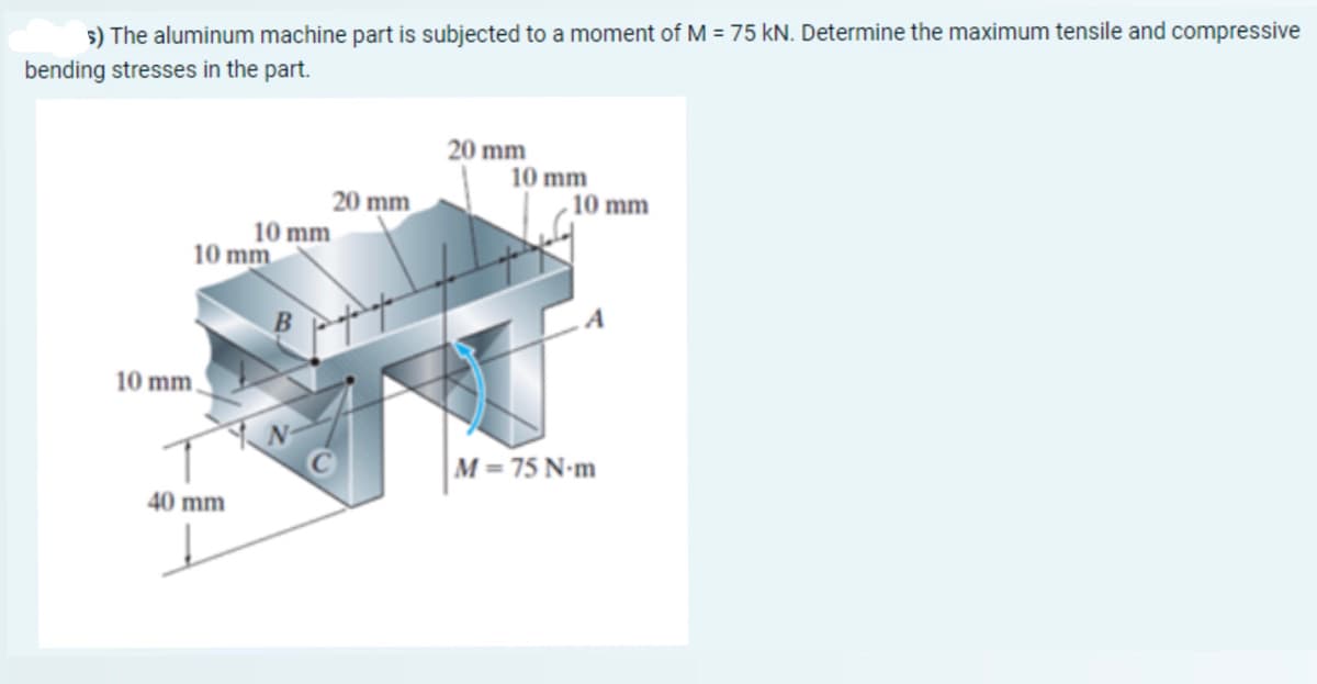 s) The aluminum machine part is subjected to a moment of M = 75 kN. Determine the maximum tensile and compressive
bending stresses in the part.
20 mm
10 mm
20 mm
10 mm
10 mm
10 mm
A
10 mm.
40 mm
M=75 N-m