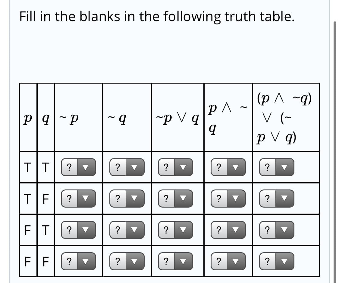 Fill in the blanks in the following truth table.
(p ^ ~q)
V (~
p V q)
-p V q
TT
?
?
?
?
?
?
?
?
?
FT
?
?
?
EF
?
?
?
?
