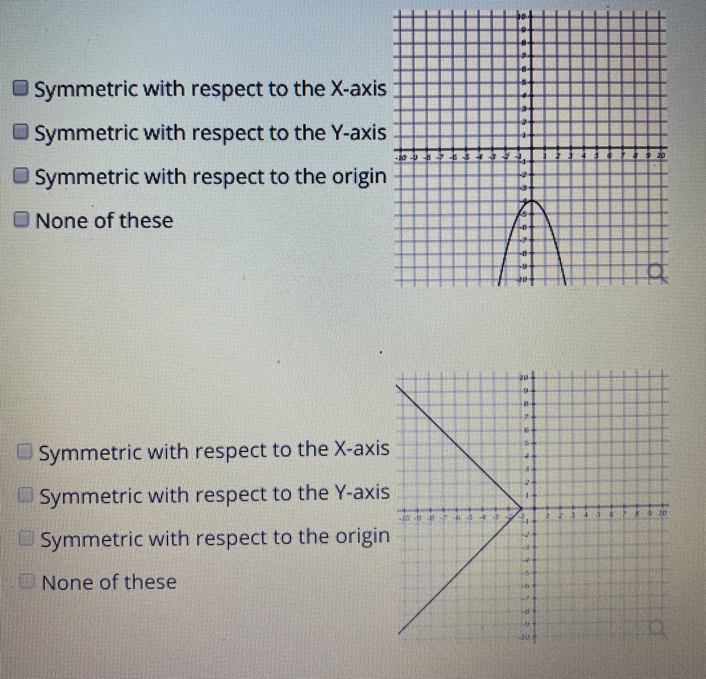 Symmetric with respect to the X-axis
Symmetric with respect to the Y-axis
OSymmetric with respect to the origin
O None of these
Symmetric with respect to the X-axis
Symmetric with respect to the Y-axis
Symmetric with respect to the origin
None of these
