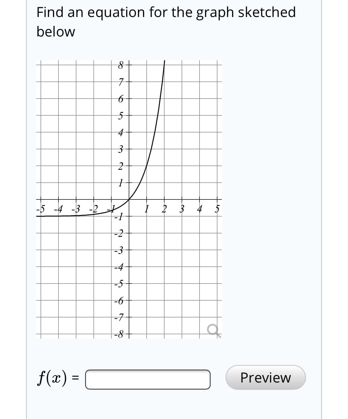 Find an equation for the graph sketched
below
7-
-5 -4 -3 -2
-2
-3
-4
-5
--
-7
-8-
f(x) =
Preview
3.
