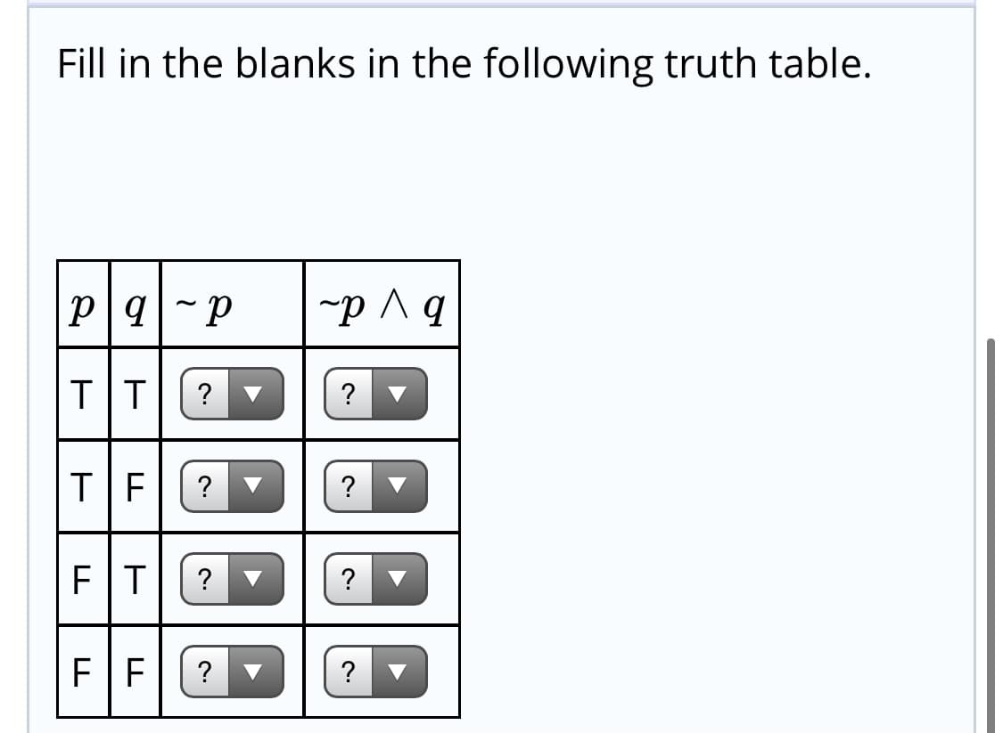 Fill in the blanks in the following truth table.
p|g-p
by d-
?
?
?
?
FT
?
FF
?
?
