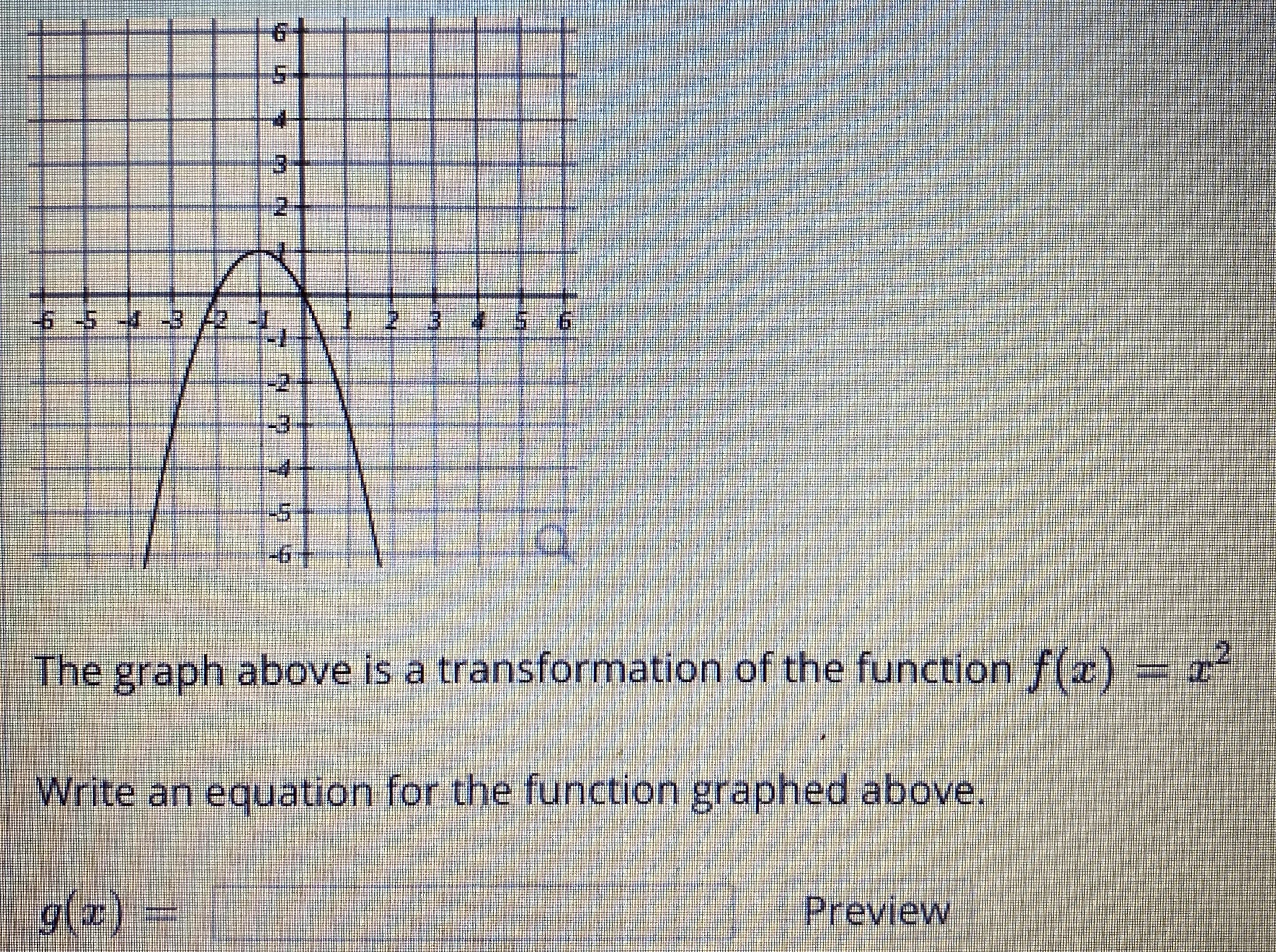 3-
9.
-2
-3
-4
-+9-
x²
The graph above is a transformation of the function f(x)
Write an equation for the function graphed above.
g(x)% =
Preview
3.
