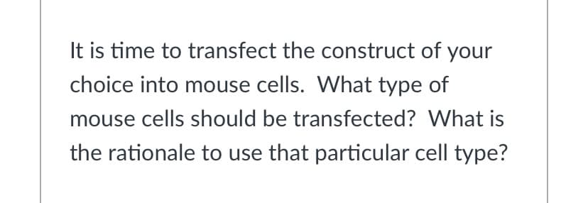 It is time to transfect the construct of your
choice into mouse cells. What type of
mouse cells should be transfected? What is
the rationale to use that particular cell type?
